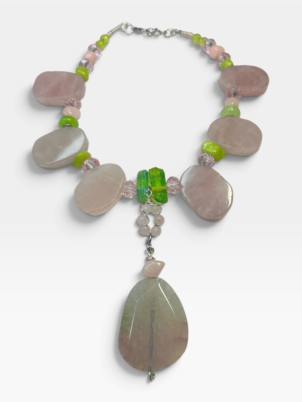 Handcrafted Pink & Green Quartz Mixed Beaded Drop down Necklace